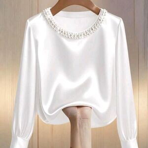 Elegant White Pearl-Embellished Women's Top